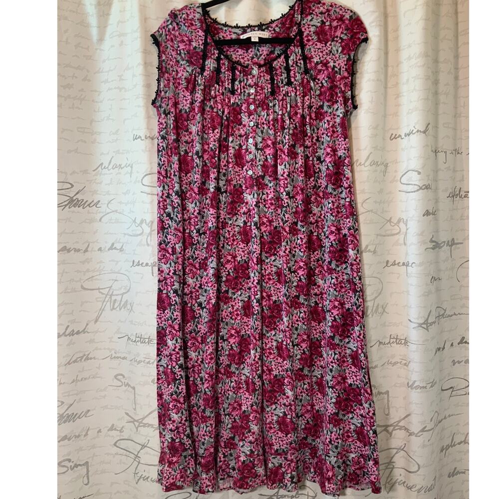 Eileen West Floral Nightgown Size S Burgundy Black Modal Ruffle Cap Sleeve